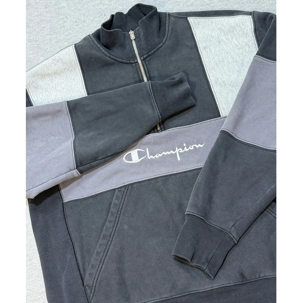 Champion Reverse Weave Quarter Zip Sweatshirt Mens Large Black Grey Colorblock